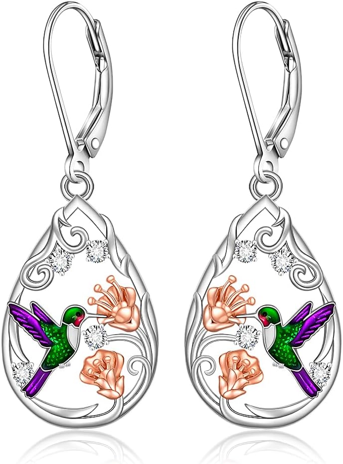 Hummingbird Earrings for Women 925 Sterling Silver Purple Hummingbird Jewelry Cute Flower Bird Earrings Dangle Mothers Day Gifts