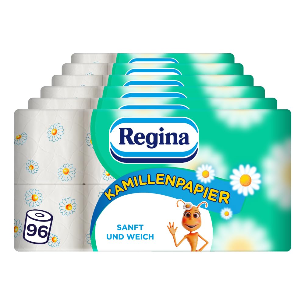 Regina Kamillenpapier 3-lagiges Toilettenpapier - 96 Rollen-Packung (6 x 16 Einzelpackungen), 150 Blatt pro Rolle, Sanft und zuverlässig, Mit einem Hauch von Kamille, FSC-zertifiziertes Papier