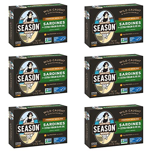 Image of Season Brisling Sardines in Extra Virgin Olive Oil, 3.37 Oz Tins, 6-Pack | Wild Caught, 14g of Protein, Keto Snacks, More Omega 3's Than Tuna, Kosher, High in Calcium, Canned Sardines, Two Layers