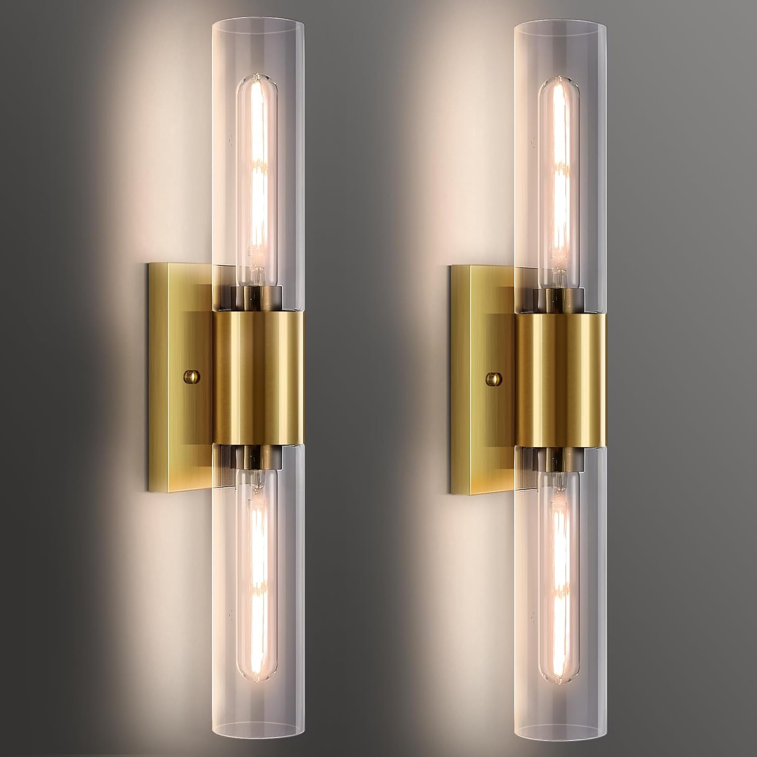 21" Gold Wall Sconces Set of Two, 2-Light Bathroom Sconces Vanity Light Tube Sconce, Clear Glass Indoor Hardwired Mounted Wall Lighting for Living Room,Bedroom,Hallway-Gold Clear (Bulb Not Included)