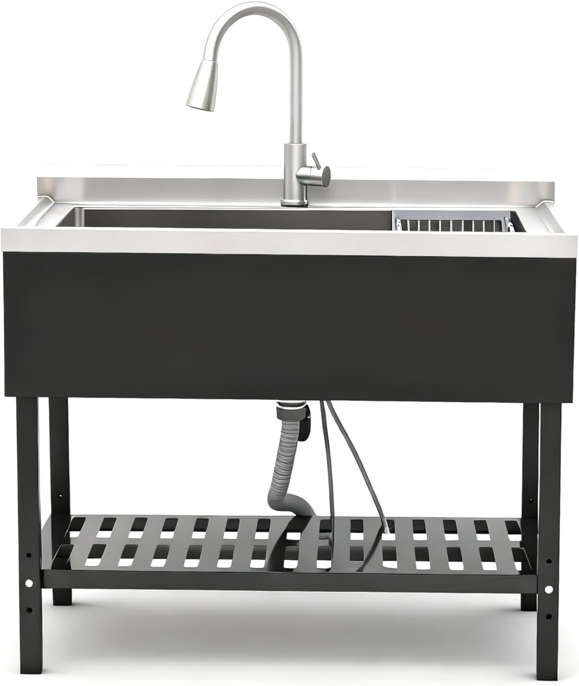 40" Freestanding Utility Sink with Faucet, Stainless Steel Large Wash Station with Storage Shelf, Black and Silver