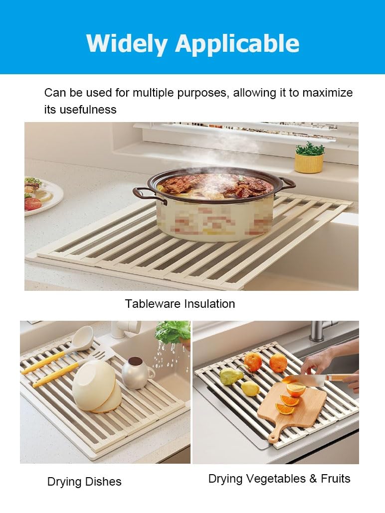 Escurridor de Platos Enrollable y Extensible de Acero Inoxidable 304 de 32-60 cm, Plegable, Antideslizante y Resistente al Calor para la Cocina.