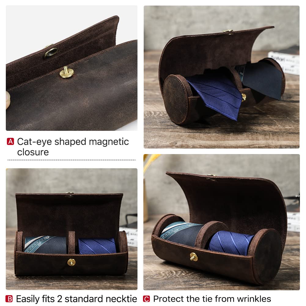 Cravatta Organizzatore Holder in Vera Pelle Fatto Portatile per 2 Cravatte, Caso di Conservazione Rotolo per Uomo