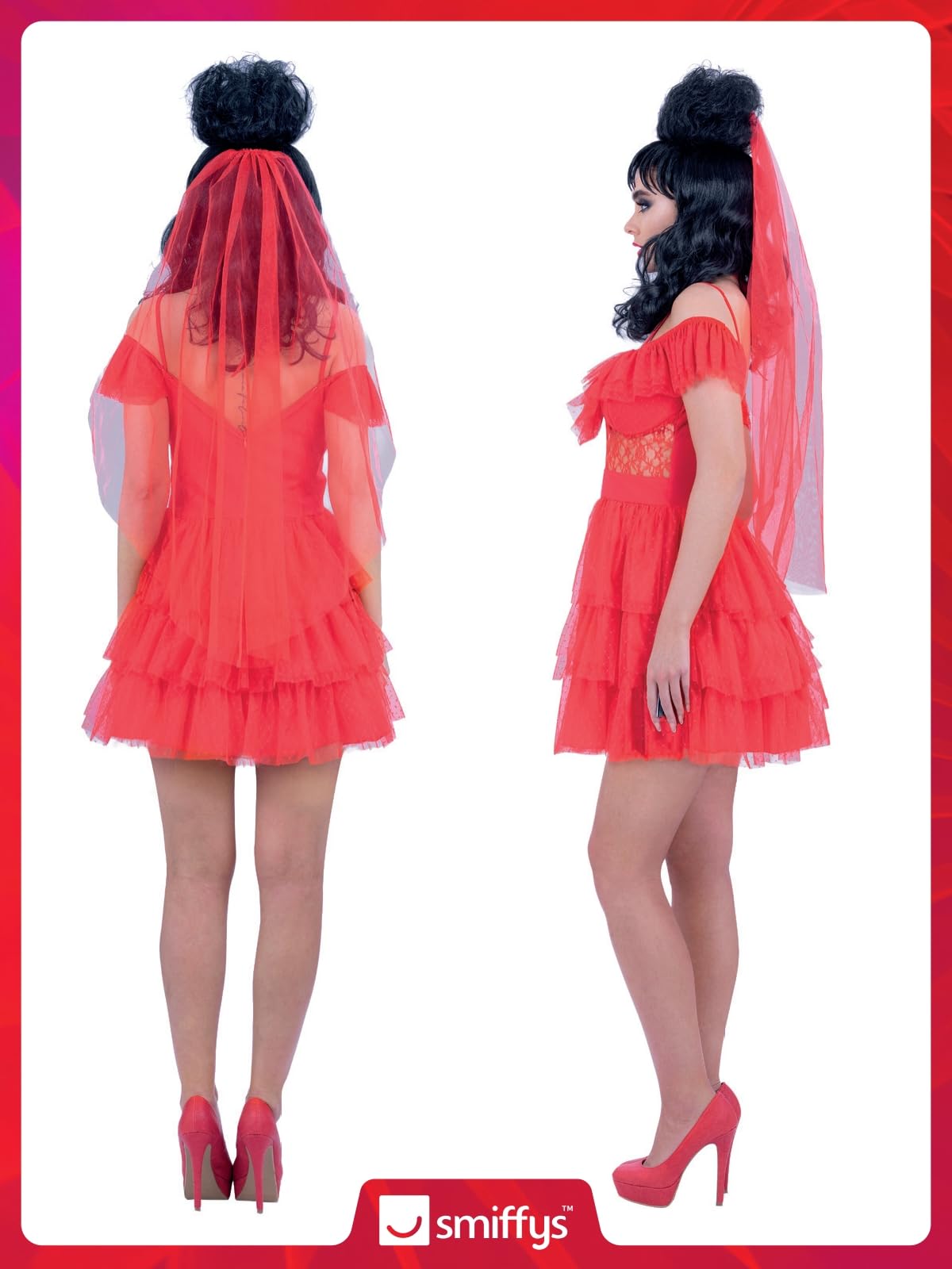 Smiffys Beetlejuice Lydia Bride Adult Costume Dress and Veil in Red with See-Through Sleeves Official Warner Brothers Licensed Halloween Costume with Matching Family Fancy Dress - BigaMart Smiffys Beetlejuice Lydia Bride Adult Costume Dress and Veil in Red with See-Through Sleeves Official Warner Brothers Licensed Halloween Costume with Matching Family Fancy Dress - BigaMart