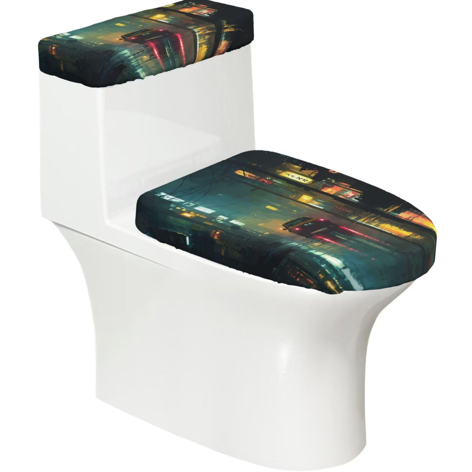 Wzycwb Black Taxi 2-Piece Toilet Seat Cover Set With Tank Lid, Elastic Fit For U-Shape & Elongated Toilets, Bathroom Decor, Housewarming Gift