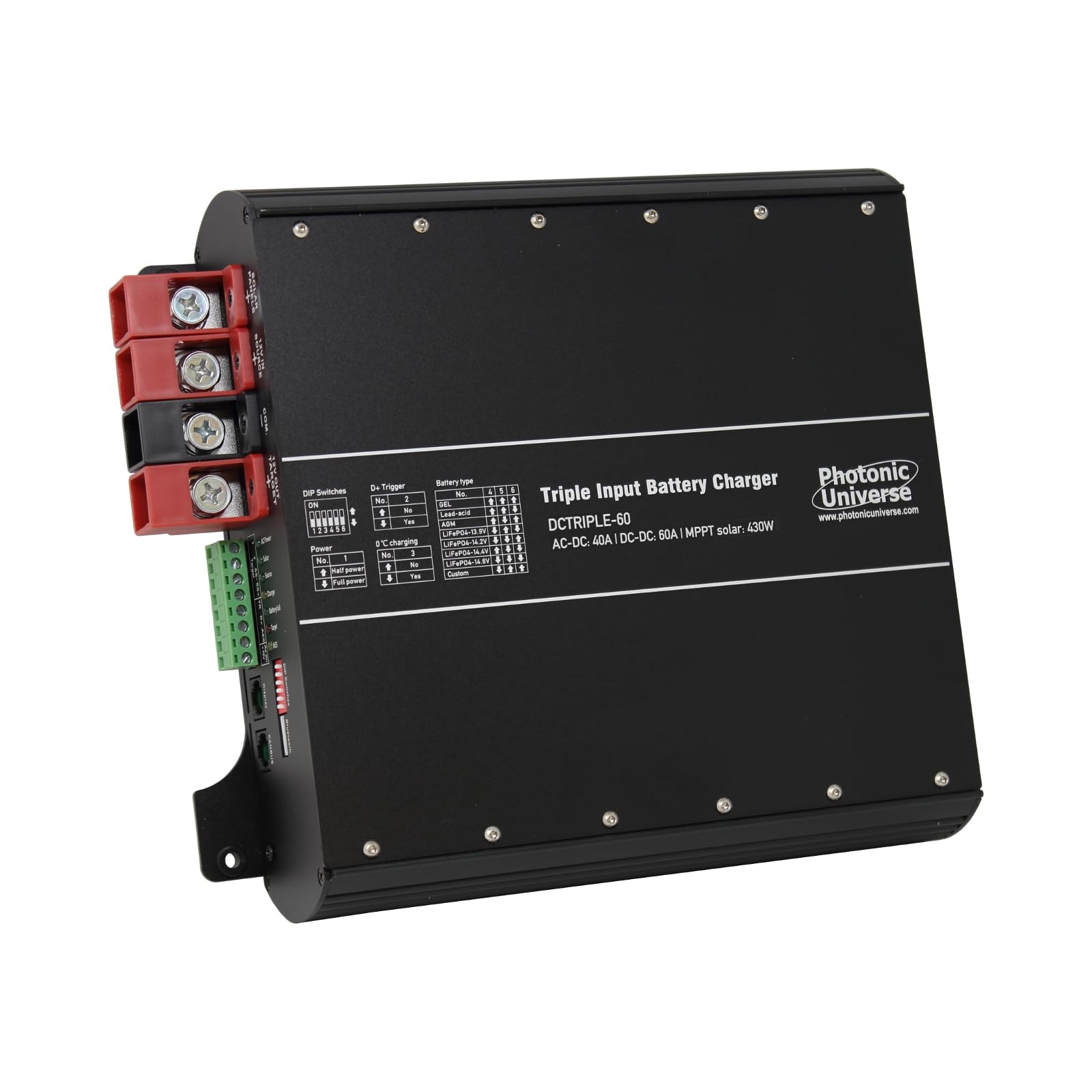 Photonic Universe 60A 12V Dc To 12V Dc Advanced Automatic Multi-Stage Triple Battery Charger With 30A Mppt Solar Input And 40A Mains Input For Lead Acid And Lithium Batteries