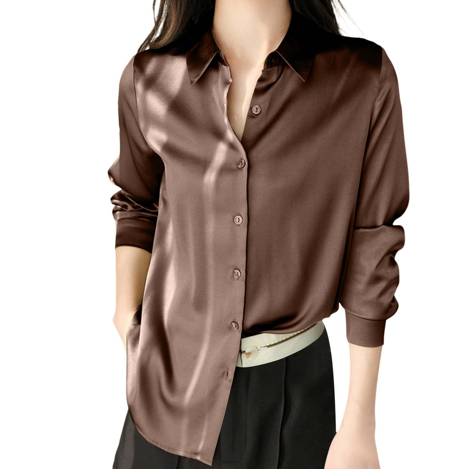 Generisch Chemise à manches longues pour femme - Chemisier pour femme - Chemise en satin de soie - Chemise boutonnée - Décontractée - Manches longues - Travail de bureau - Chemisier longue édition