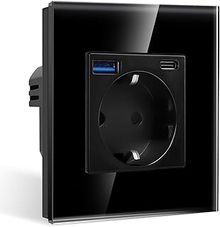 CNBINGO Einzelsteckdose mit 2× USB-Anschluss (Max. 2.1A, Typ-C und USB-A) - Einfach Glas Schuko Steckdose Unterputz - Schwarz Wandsteckdose mit Kindersicherung