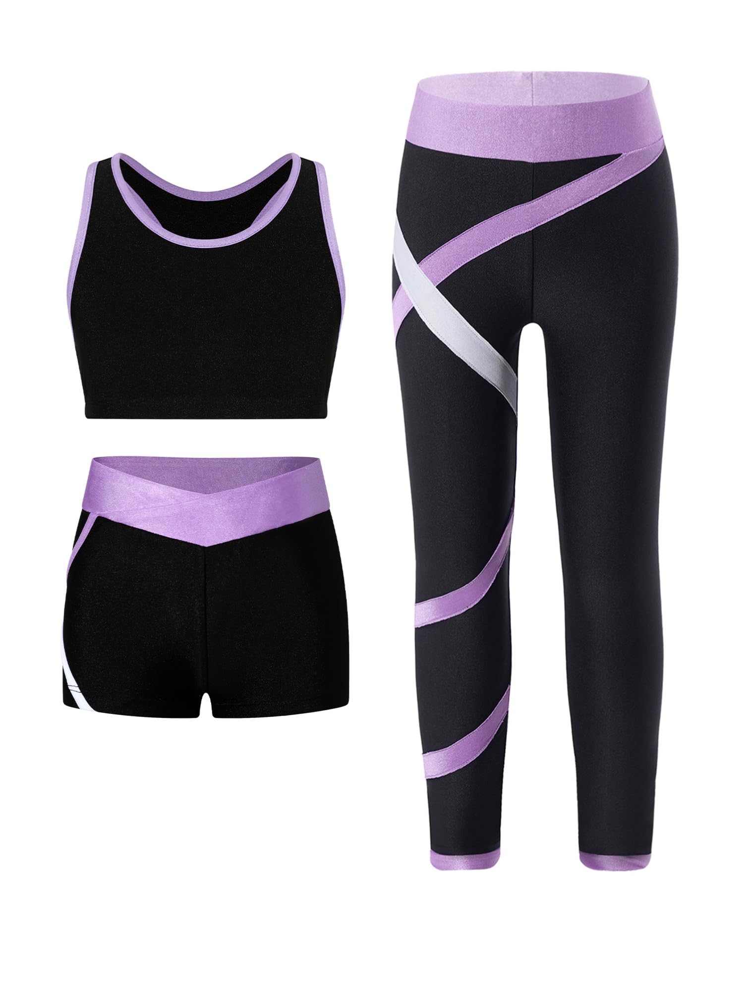 Alvivi Dziecięcy dres treningowy 3-częściowy, sportowy biustonosz + szorty + legginsy, strój do joggingu, gimnastyka, joga, zestaw sportowy, lawendowy, 134-140