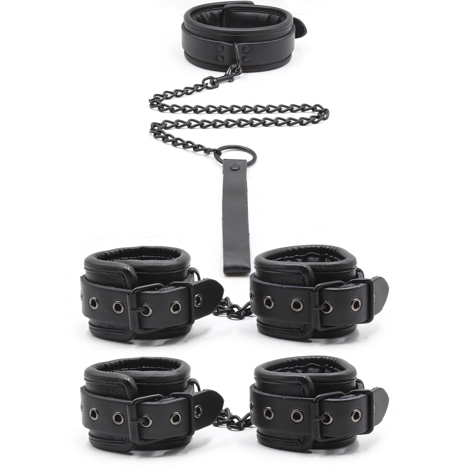 Ensemble BDSM avec Collier, Menottes de Poignets et de Chevilles, Kit de Contention Rembourré Aspect Cuir, Accessoires de Jeu de Rôle Réglables pour Adultes (A)