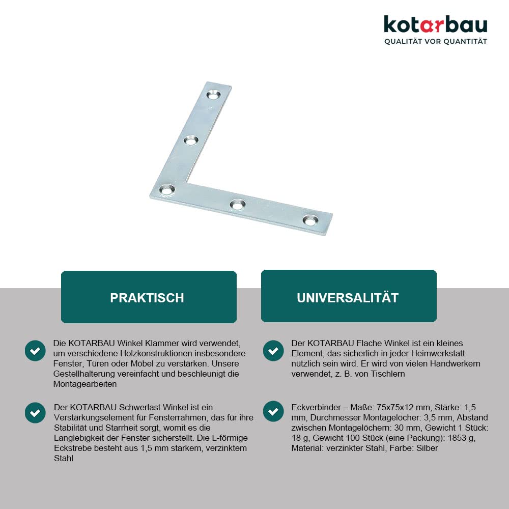 KOTARBAU® 100 x Placas de Esquina, Placas Planas en Forma de L, 75x75 Conector Angular, Conector de Esquina, Placa Perforada, Placas de reparación 90º, Conectores Planos, Pletinas, Soportes de Acero