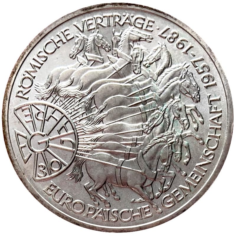 1987 G 10 Mark West German Silver Coin. Celebrating Treaty of Rome Founding Document Of European Union (EU). 10 Deutsche Mark, Monetized And Guaranteed By The German Government. Graded By Seller Circulated condition