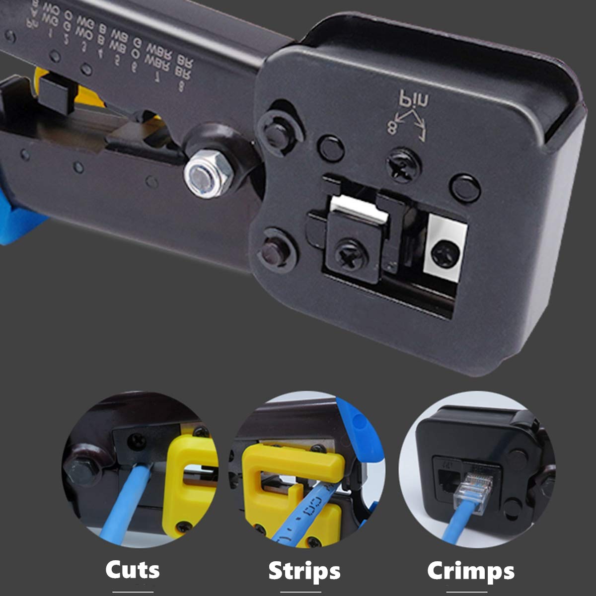 Yankok [Zaciskarka przelotowa] z zestawem ostrzy do 4P6P8P CAT5e CAT6 RJ11 RJ12 RJ45 STP/UTP okrągły płaski kabel Ethernet modułowe narzędzie do zaciskania YKCR011 pomarańczowy