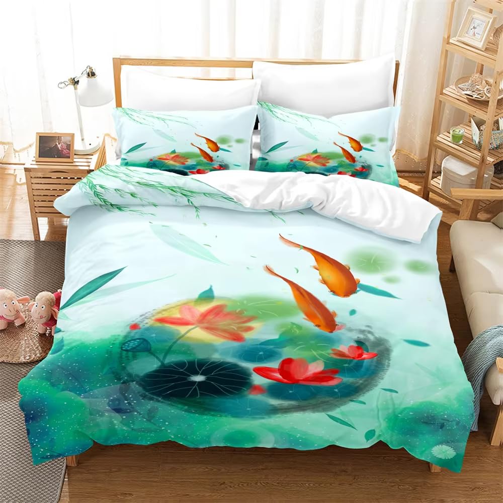 Parure de lit motif poisson rouge avec housse de couette 3 pièces 240x260 cm