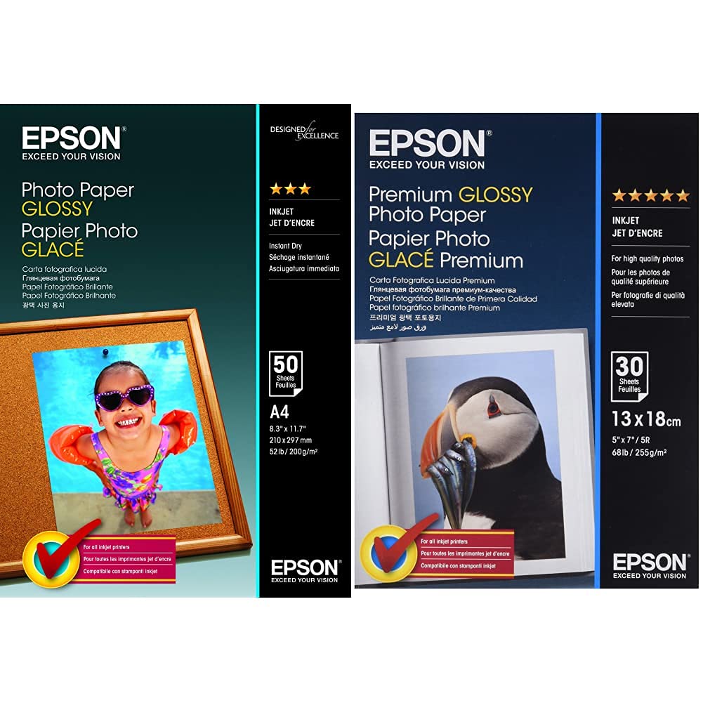 EPSON Foto Papier glänzend A4 50 Blatt 1er-Pack & Premium glossy photo paper inkjet 255g/m2 130x180mm 30 Blatt Pack