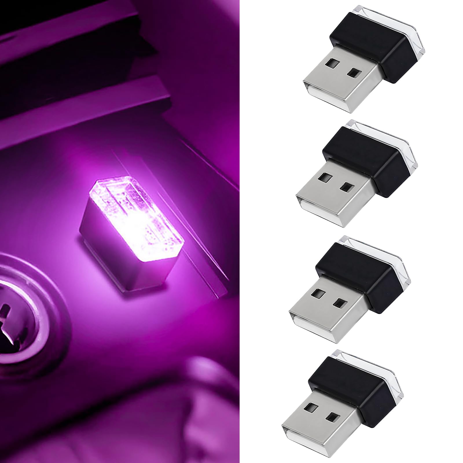 4 PCS USB LED Car Interior Atmosphere Lamp, Portable Mini Auto LED Decor Night Light, Plug-in USB Interface Ambient Lighting Kit, Universal Car Interior Accessories(Purple)