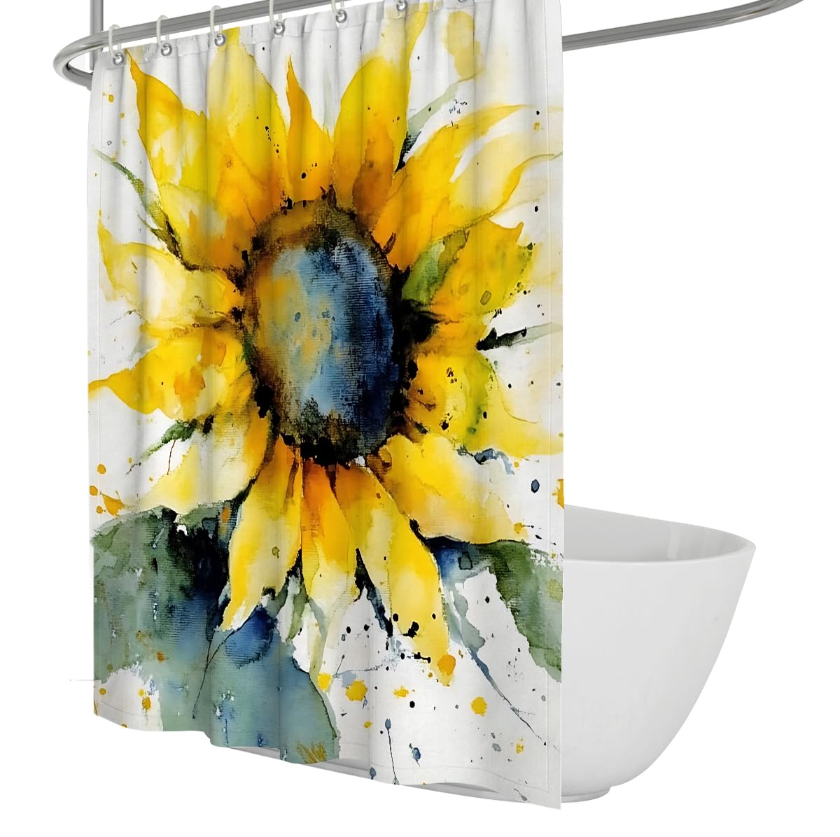 UIRINGART Sunflowers Watercolor Bath Screen W90xL180cm Country Style Polyester Water Repellent Bathroom Drapery Mildew Resistant Shower Curtain with hooks