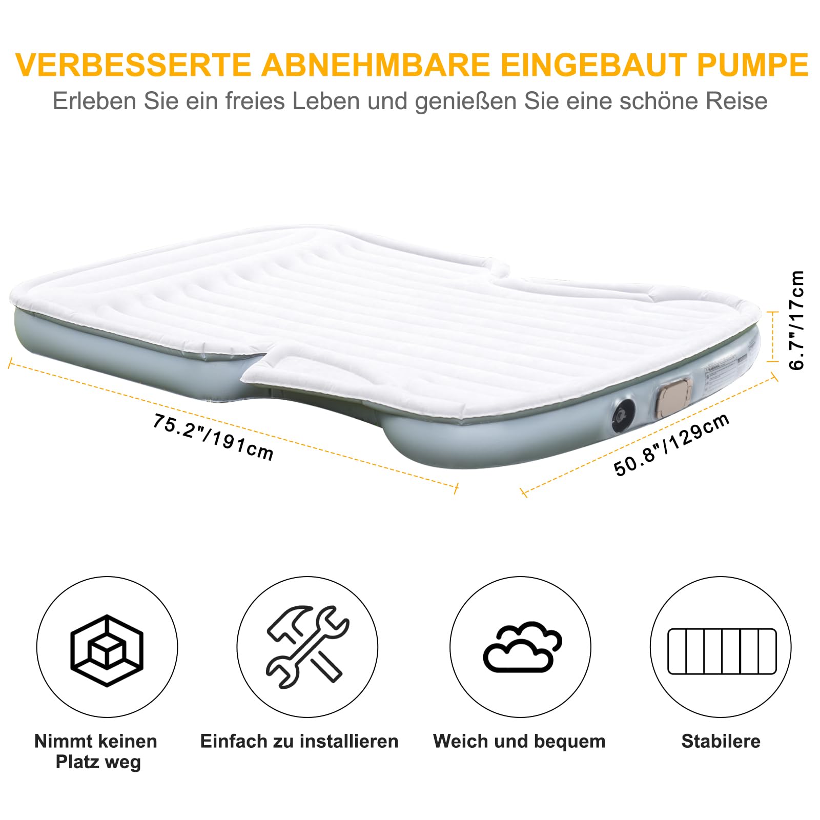 KMZ SUV Luftmatratze mit eingebauter elektrischer Pumpe - Verdickte und geflockte Auto-Bettmatratze für Reisen und Camping - 300 kg Tragfähigkeit - Grau