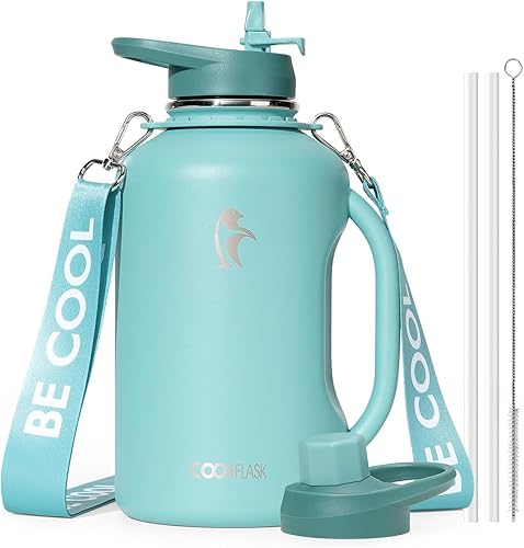 Miniatura 9 de Coolflask Botella de agua de medio galón con asa, jarra de agua aislada de 64 onzas de acero inoxidable con doble pared al vacío, gran frasco con
