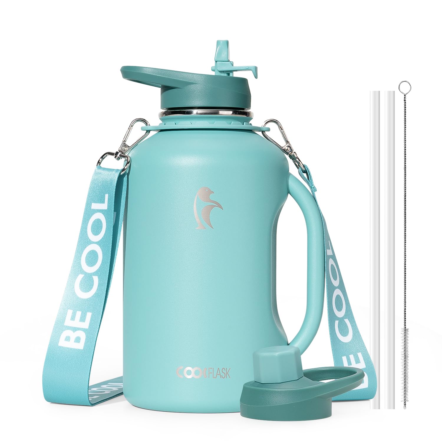 Coolflask 1.9 L Water Bottle Insulated with Handle & Straw, Stainless Steel Water Jug Leakproof with Strap, Metal Double-Walled Vacuum Large Flask, Keep Cold 48H Hot 24H, BPA Free, Agate Green โ image 1