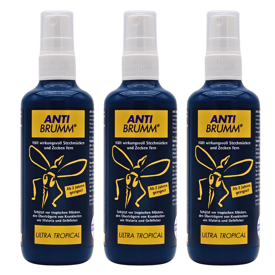 Anti Brumm Ultra Tropical 3x 150 ml I Schutz vor tropischen Mücken I Insektenrepellent I Mückenspray I Abwehr von Mücken und Zecken I Urlaub, Fernreisen I Deet I Spar-Set plus Pharma Perle give-away