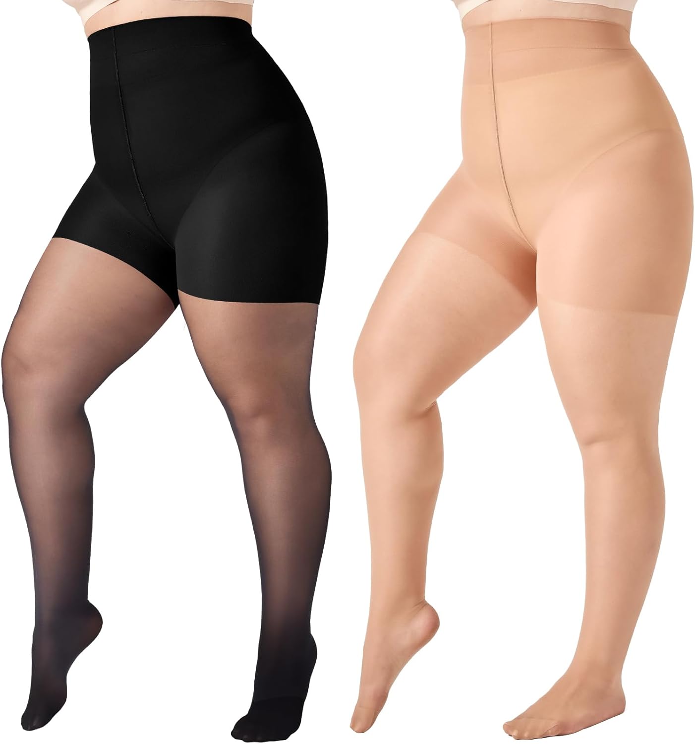 WiliW 2 Pairs Plus Size Control Top Pantyhose Ultra High Waist Sheer Tights Tummy Shaping Stockings for Women
