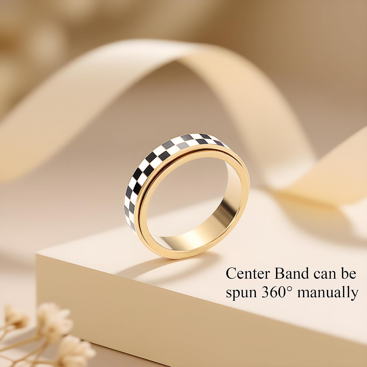 Checkered Fidget Ring for Anxiety Relief, Discreet Silent Spinning Jewelry, Black+White Pattern Durable Stainless Steel Thumb Spinner Jewelry for Work Office Adults Women Men Gold/Sliver Size 5-11