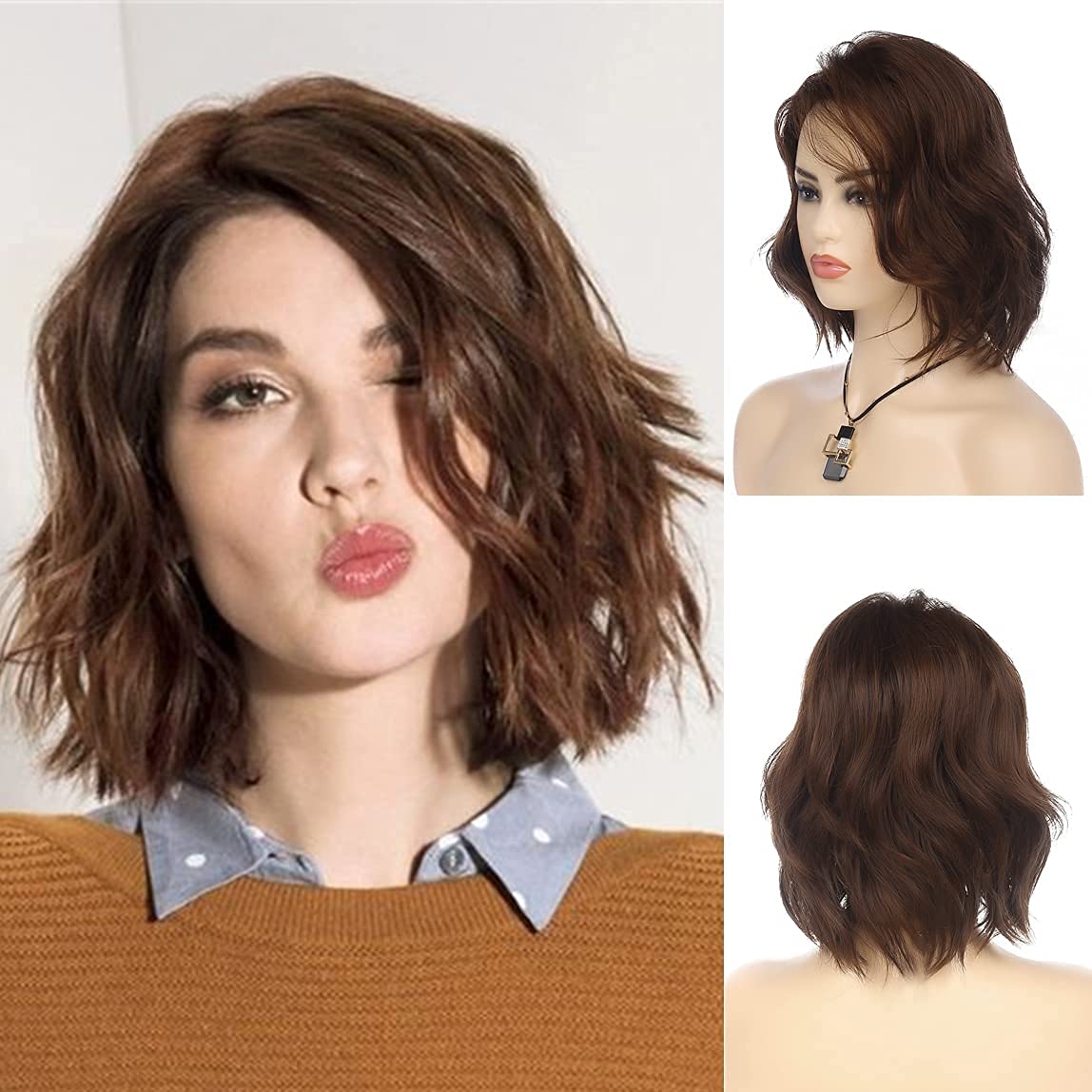 Qnbiar Short Wavy Brown Bob Wig for Women Synthetic Heat Resistant Side Part Halloween Cosplay Wig, 25 cm x 2 cm