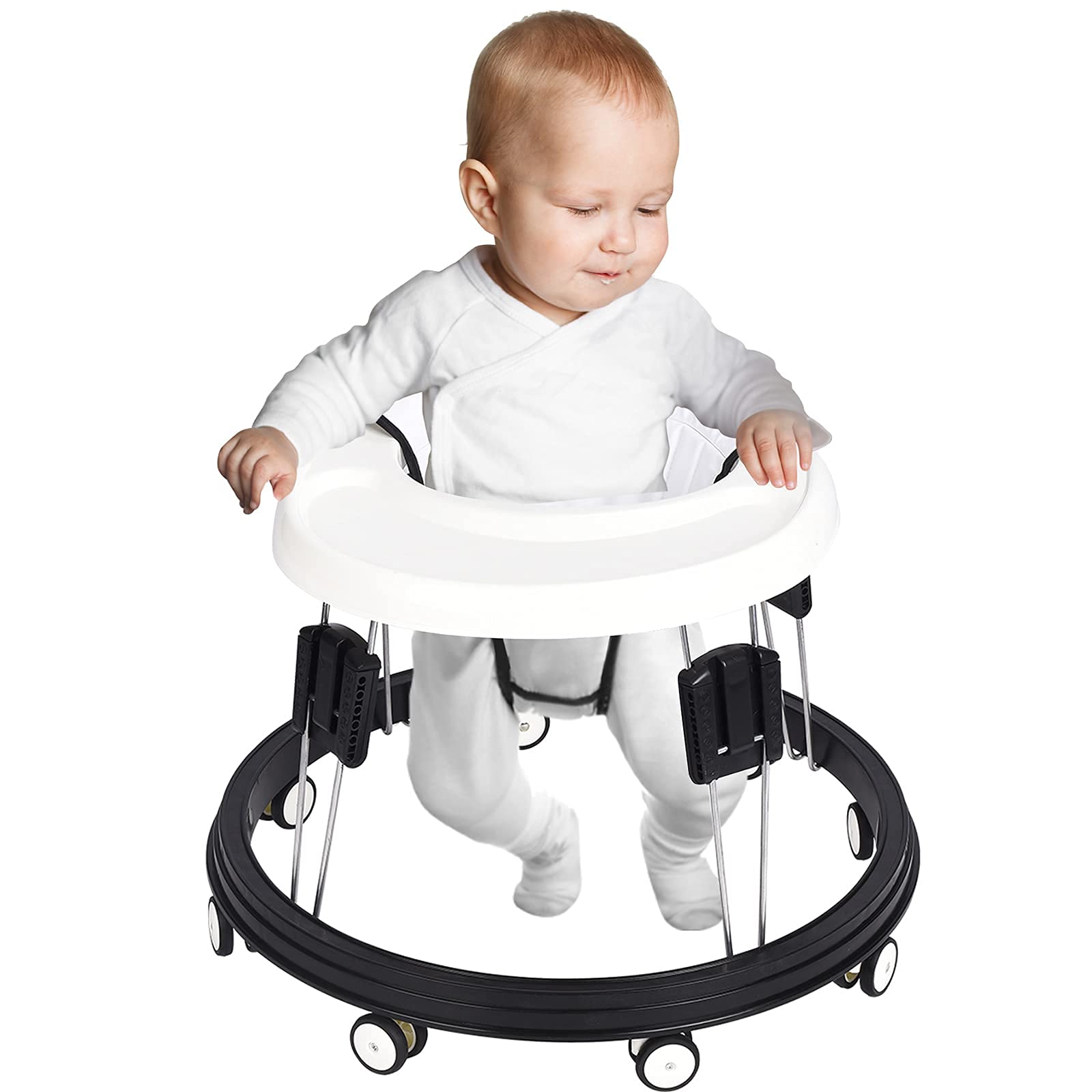 Adjustable Baby Walkers for Baby with Easy Clean Tray, Universal Wheeled Walker, Anti-Rollover Folding Walker for Girls Boys 6-18Months Toddler (White)