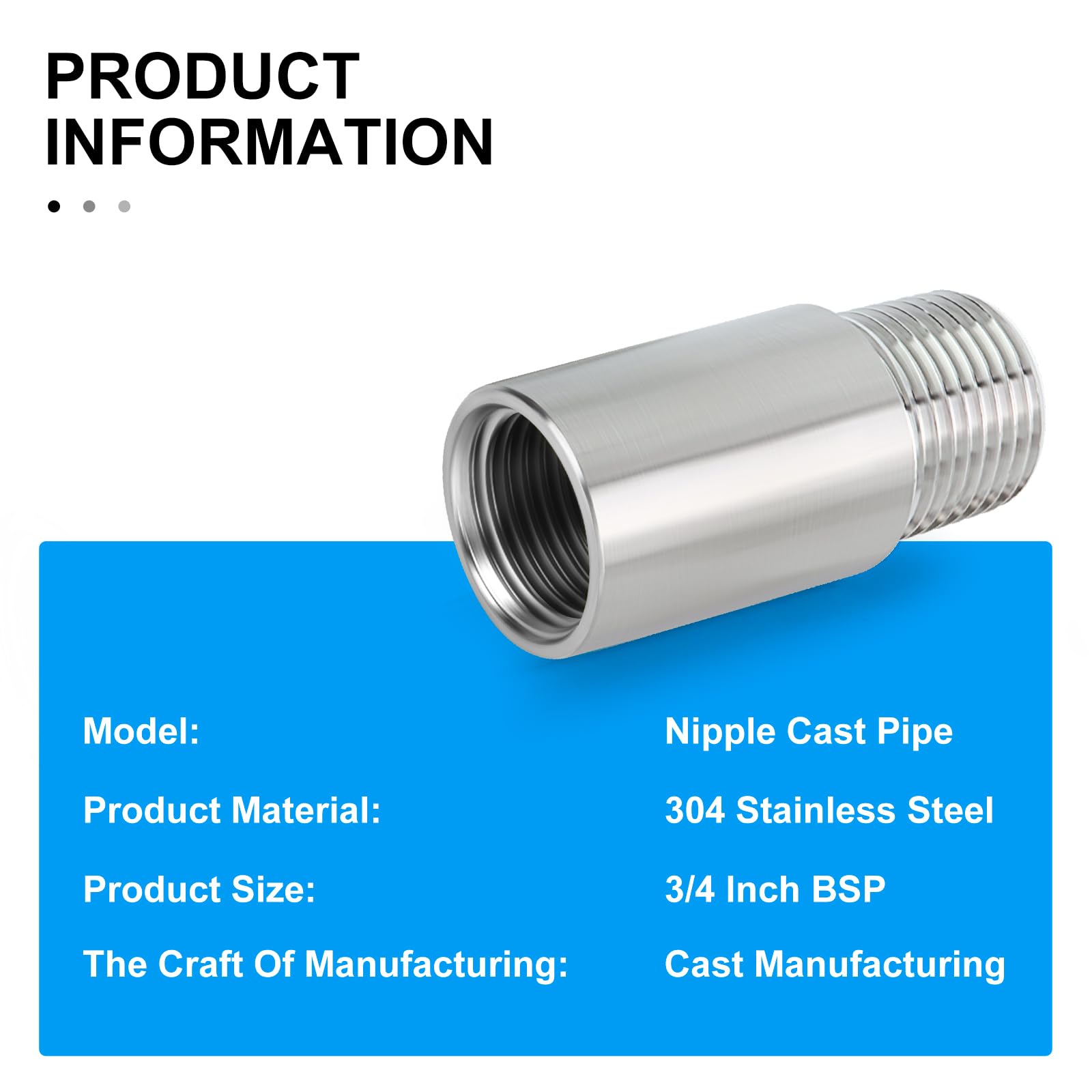 2 piezas 50mm 3/4" Hembra x 3/4" Macho BSP Nipple Cast Pipe 304 Stainless Steel Pipe Fittings — view 3