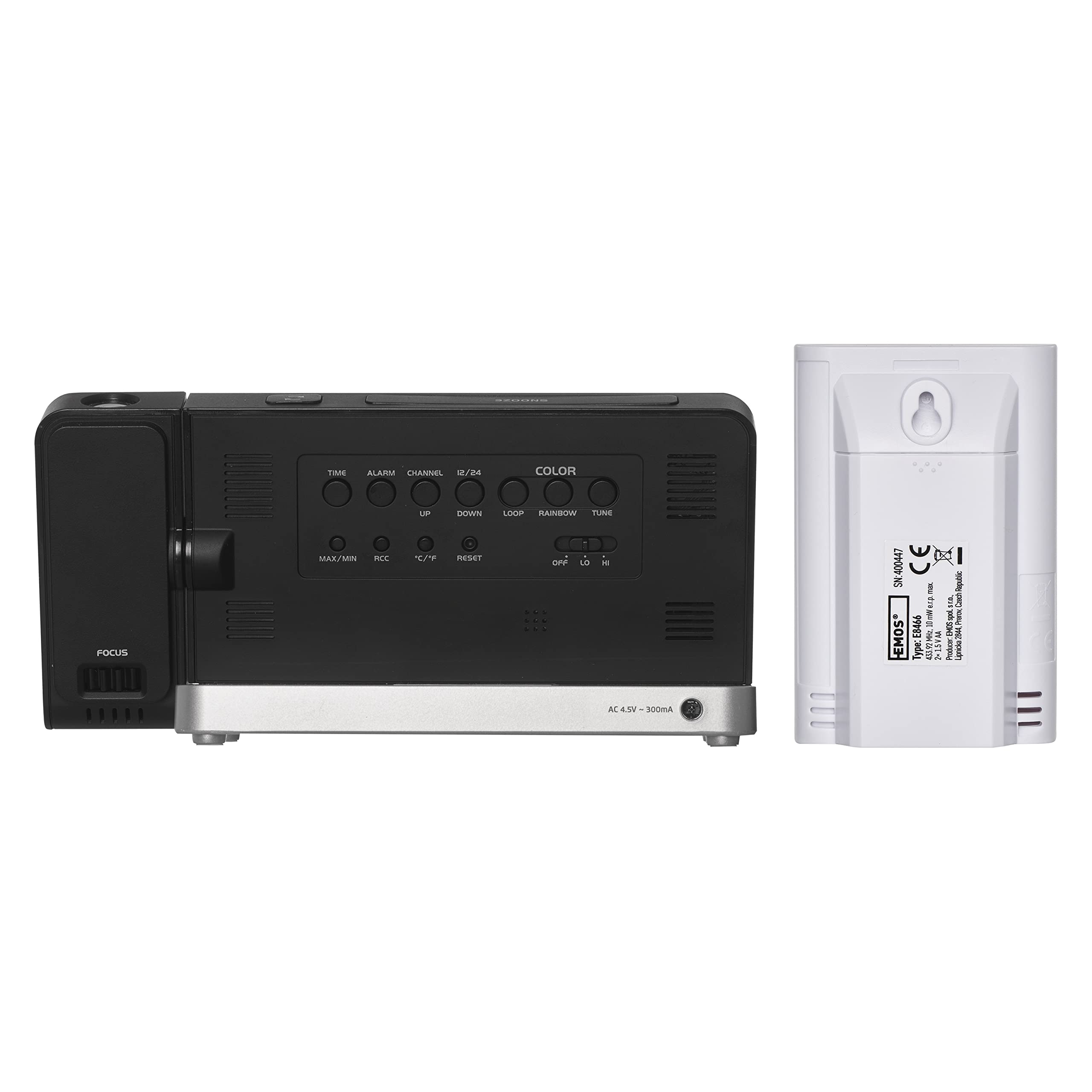 EMOS Funk-Wetterstation mit Projektion, Außensensor, VA-Display Anzeige und Projektor, Uhr, Temperatur, Thermometer, 2x Wecker, Kalender, Memory mit Min/Max-Temperatur