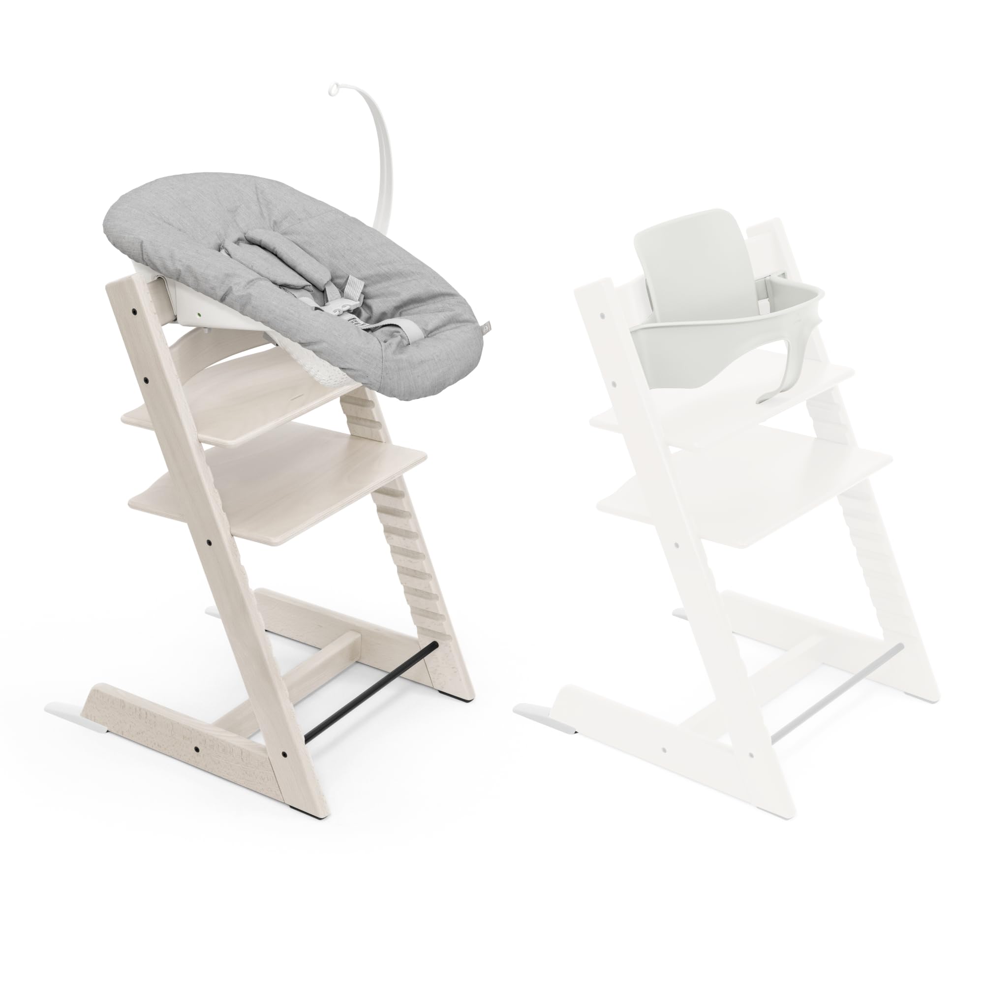 Seggiolone Tripp Trapp di Stokke, Whitewash/White (Include Sedia + Baby Set 2) con Newborn Set - Design Sicuro, Regolabile, Ergonomico