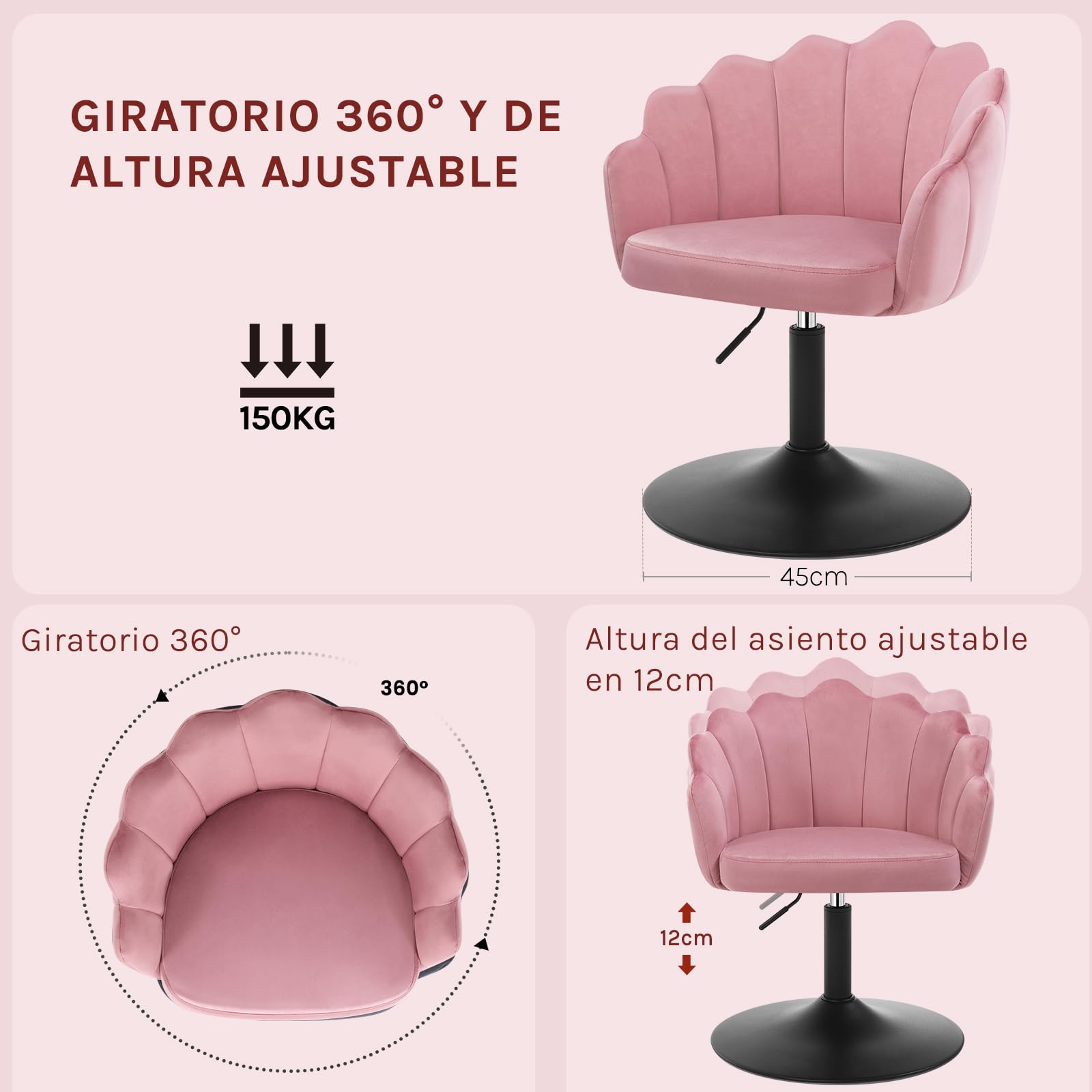 WOLTU Taburete de Tocador con Respaldo Pétalo en Terciopelo, Rosa | Altura Ajustable, Giratorio, para Tocador, Dormitorio, Oficina en Casa y Salón