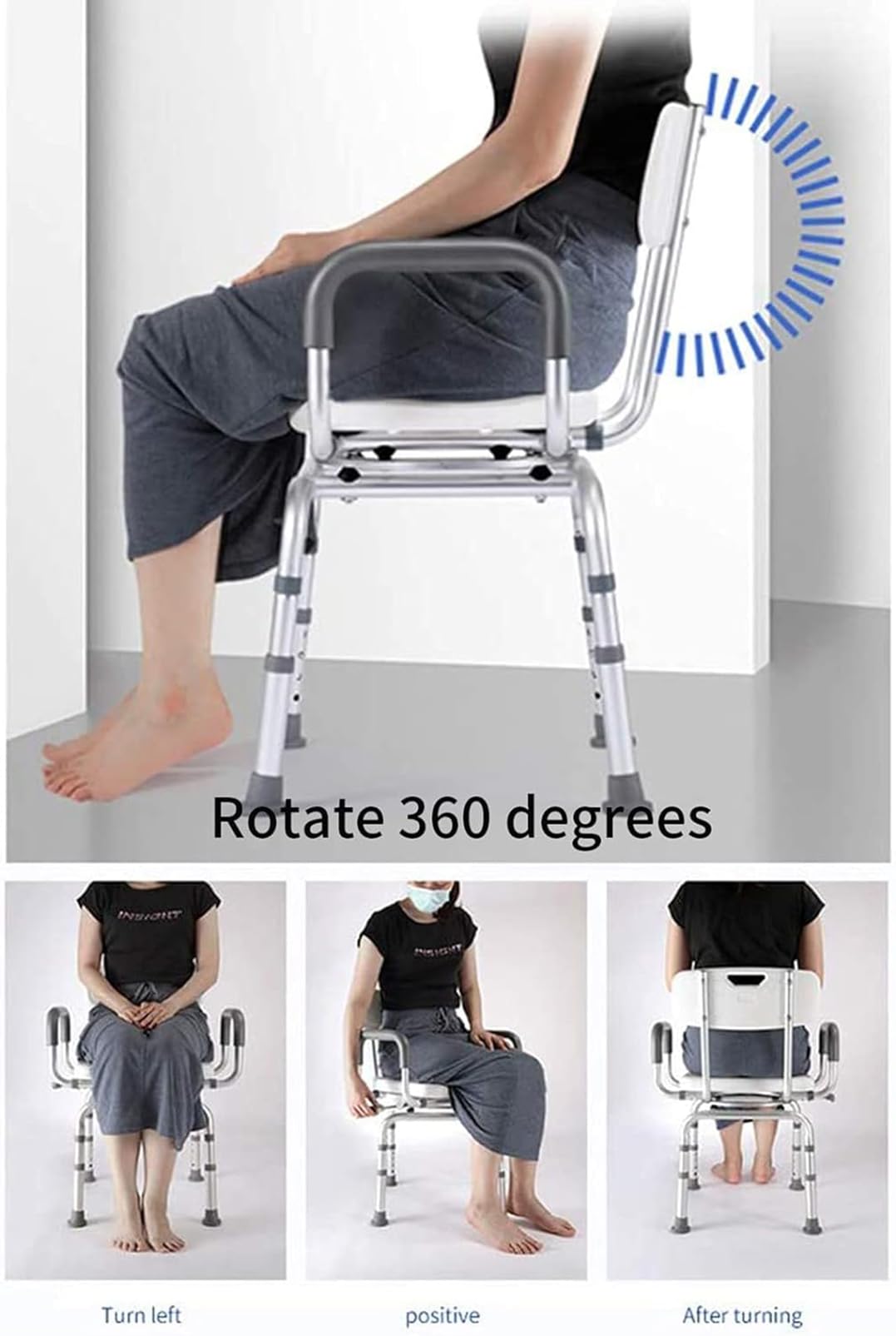 Silla De Ducha Giratoria De 360°, Antideslizante, Taburete De Ducha para Obesos con Respaldo Y Asas, Asiento De Baño Portátil, Banco De Ducha Ajustable, para Personas Mayores Discapacitadas