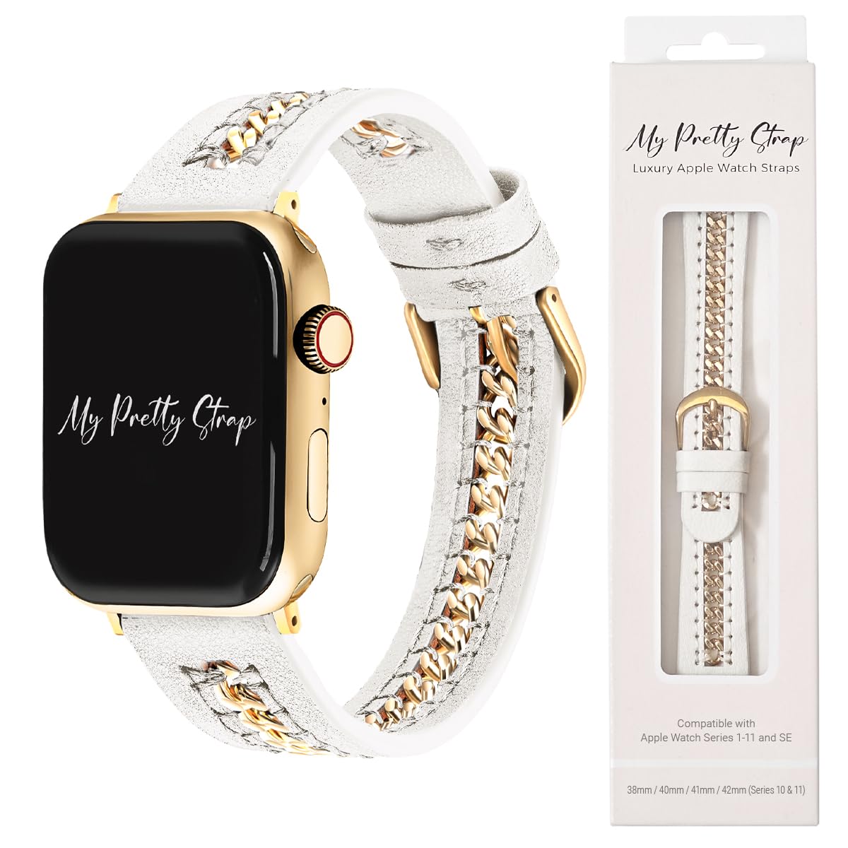 Photo 1 of My Pretty Strap- Compatible Apple Watch Band - Genuine Leather iWatch Strap for Women (5.28"-6.93") - Series 1-11, SE & Ultra (38MM/ 40MM/ 41MM/ 42MM/ 44MM/ 45MM/ 49MM) - Black, White -Bijou