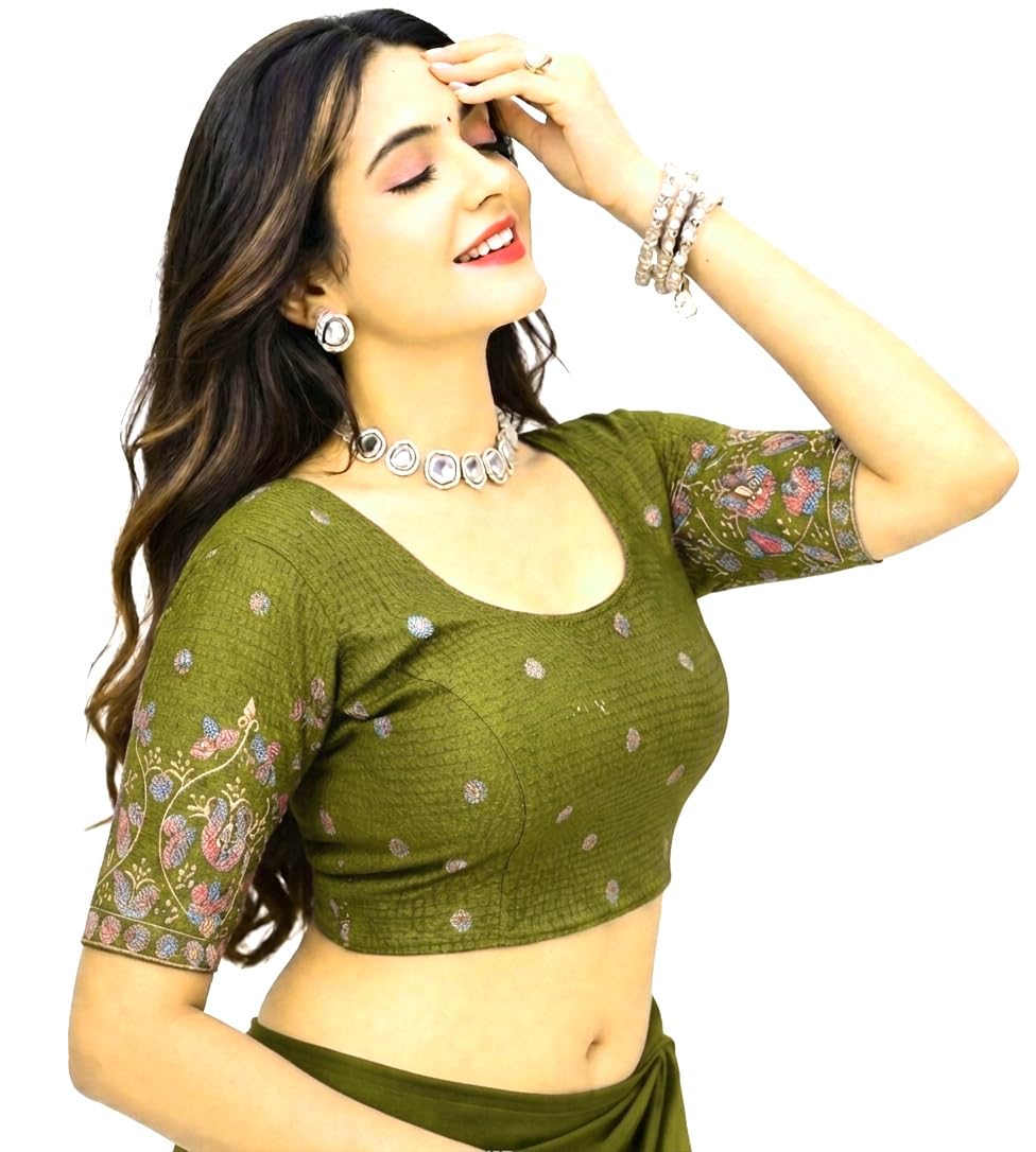 shriliya Navy Blue XL XXL 3XL M L Size Streachable Dobby Cotton Lycra Spandex Elbow Half Sleeve Blouse Prince Cut for Skirts Sharara,Plazo,garara,Indowestern,Saree,Yoga Exercise-picture-11