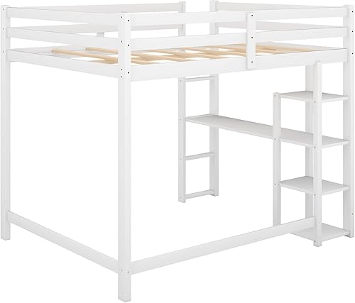 Miniatura 6 de ODC Cama tipo loft de tamaño matrimonial con escritorio y estantes de almacenamiento marco de cama tipo loft de madera con escalera y barandilla de