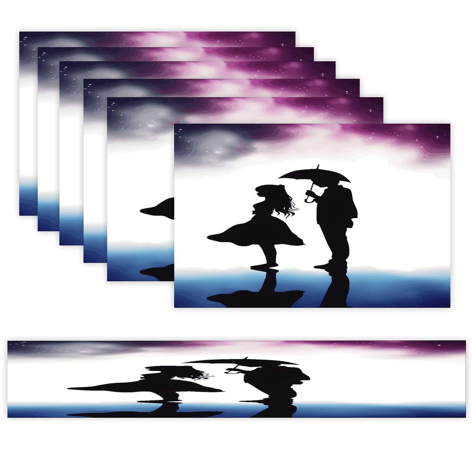 Anime Lovers Silhouette Table Runner and Placemats Set of 6 Wipe Clean Heat Resistant Table Mat with Table Runner Decorations Flax Linen Place Mat Set for Home Kitchen Party Supplies