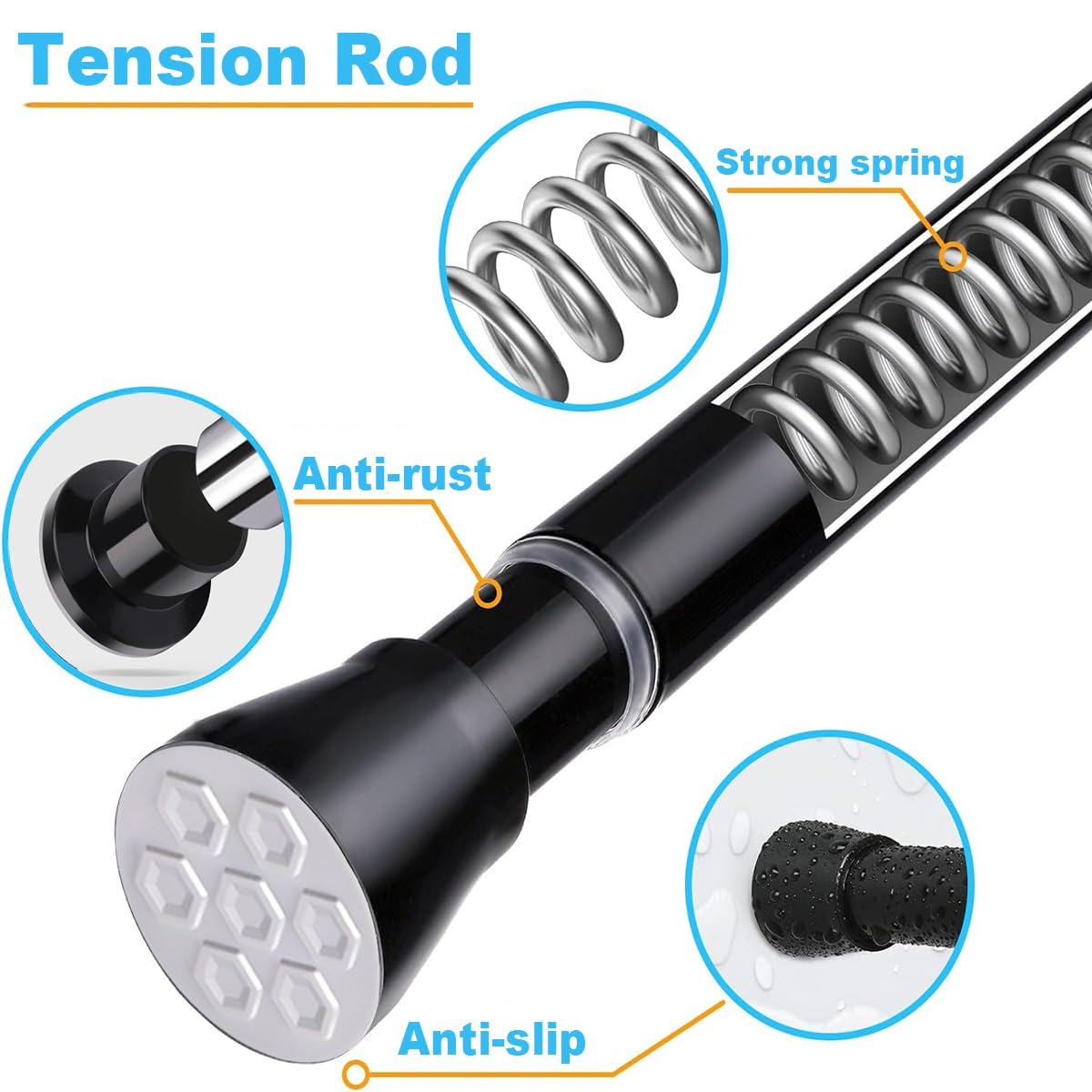 Verstellbare schwarze Metall-Duschvorhangstange, 68,4 - 45,7 cm, Teleskopstange für Badezimmer und Balkon, passend für 310–360 cm / 122-142in große Räume, rostbeständig, einfache Installation