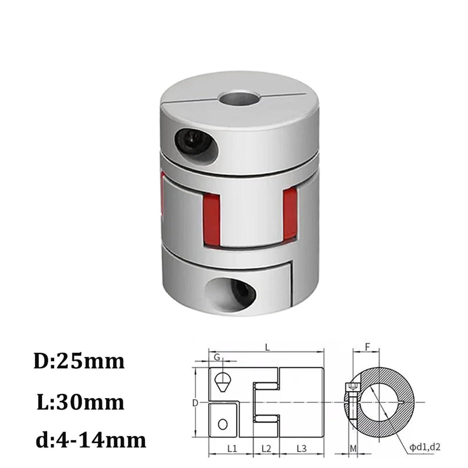 Acoplador de abrazadera de ciruela flexible D25 L30 Tamaño del eje Acoplamiento de mordaza CNC 4 mm-14 mm D25L30 1 pieza(6x8mm)