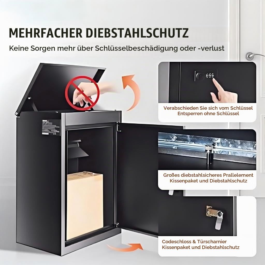 Garvee Paketkasten verzinkter Stahl Wandmontage 39x26x58cm Zahlenschloss Diebstahlsicher Wasserdicht Außen Paketbox