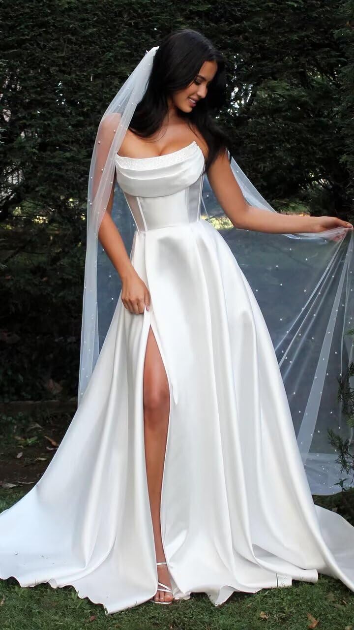 Strapless Satin Prom Dresses for Women with Slit Cowl Neck Corset Formal Dresses A Line Long Ball Gowns with Pockets