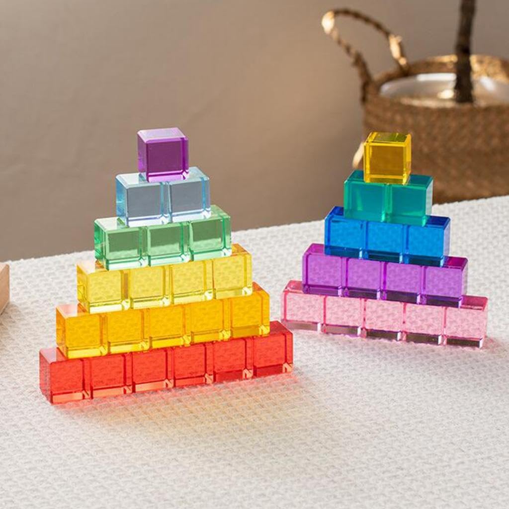 MagiDeal 30 Pezzi Blocchi da Costruzione Set Cubi Stacking Gioco Educativo Arcobaleno Gemme Cubi Acrilico Trasparente con Scatola in Legno Adatto Ba, 100 Pezzi