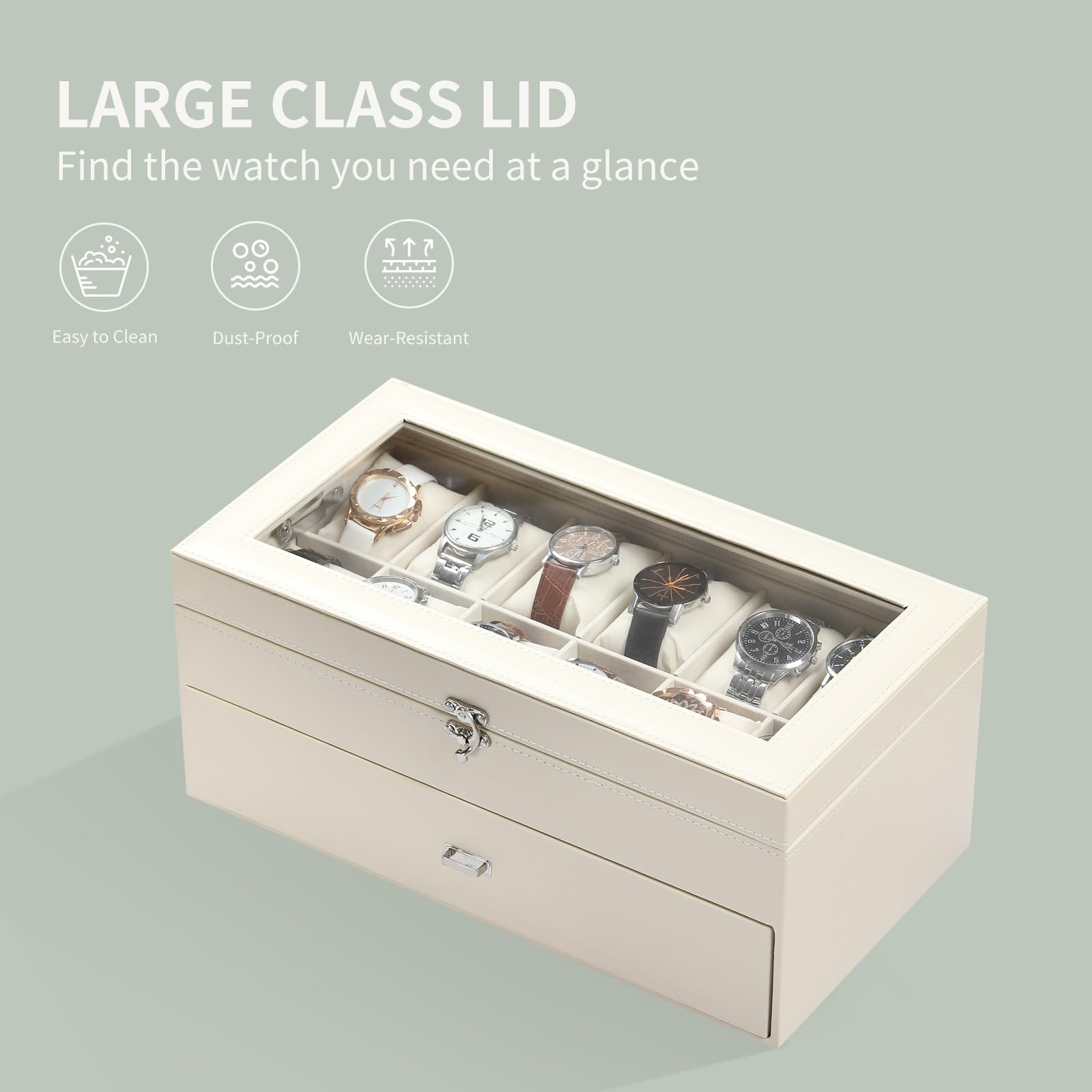 Coffret à Montres AUTOARK en Cuir et Velours, 24 pièces, Couvercle en Verre, tiroir de présentation, Organisateur verrouillable, Coussins Amovibles Beiges pour Montres, Beige, MKAW036