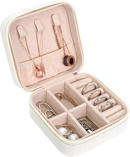 Obsoorth Pequeño organizador de joyería portátil de viaje de piel sintética para aretes collar regalo para mujeres niñas niños color blanco