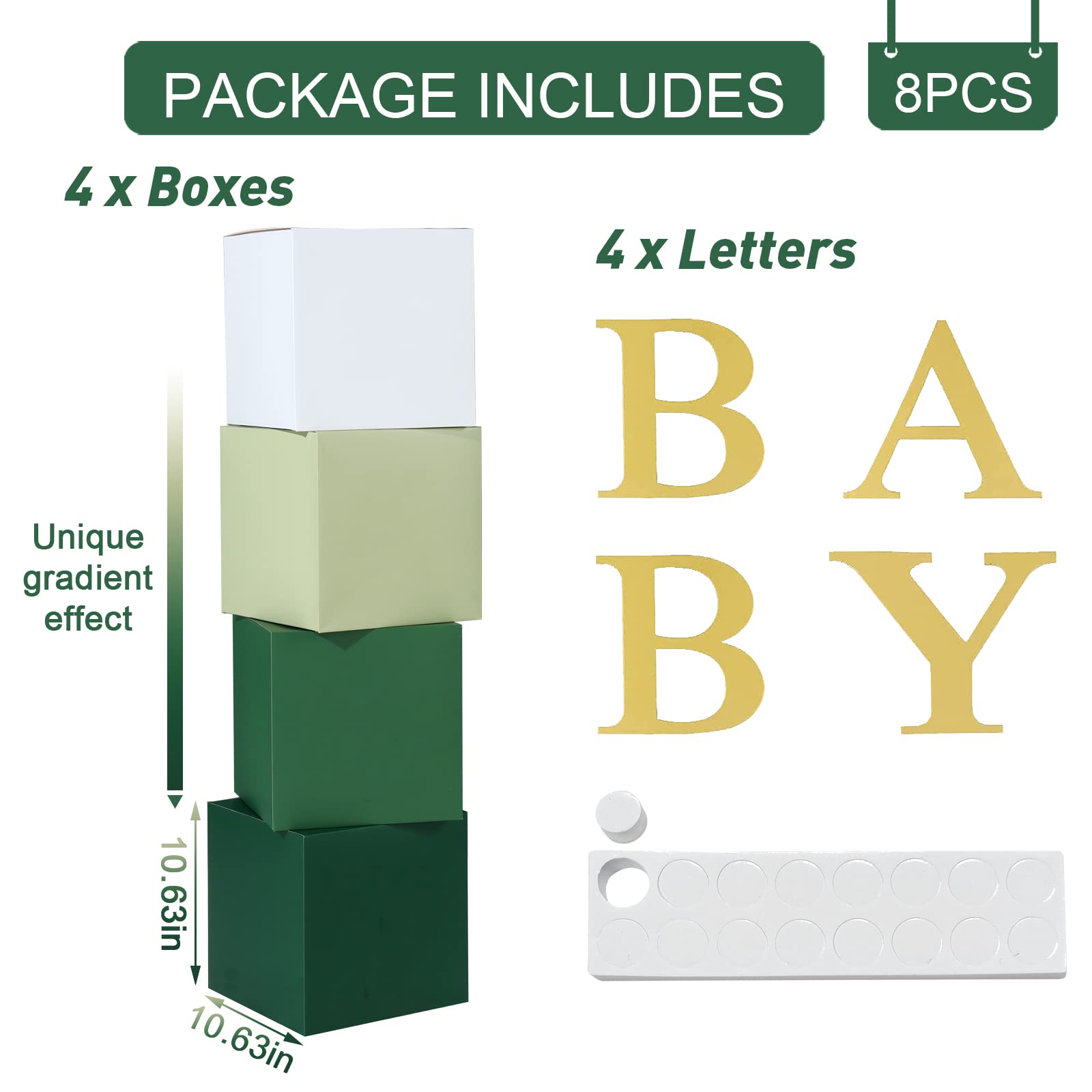 Safari Baby Boxes with Letters for Baby Shower, 4 PCS Gradient Green Baby Shower Boxes Decorations, Baby Blocks with Letters for Safari Baby Shower Decorations for Boy,First Birthday Decorations