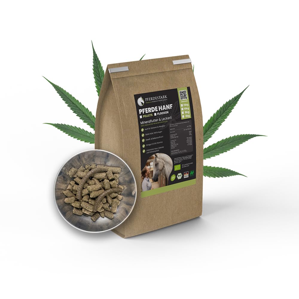 SANUUS PFERDESTARK Bio Hanf Pellets Pferdefutter getreidefrei Mineralfutter 10kg - Natürliche Premium Hanfkuchen Nahrungsergänzung für Pferdemüsli ohne Zucker mit Omega 3-6-9, Vitaminen & Eiweiß