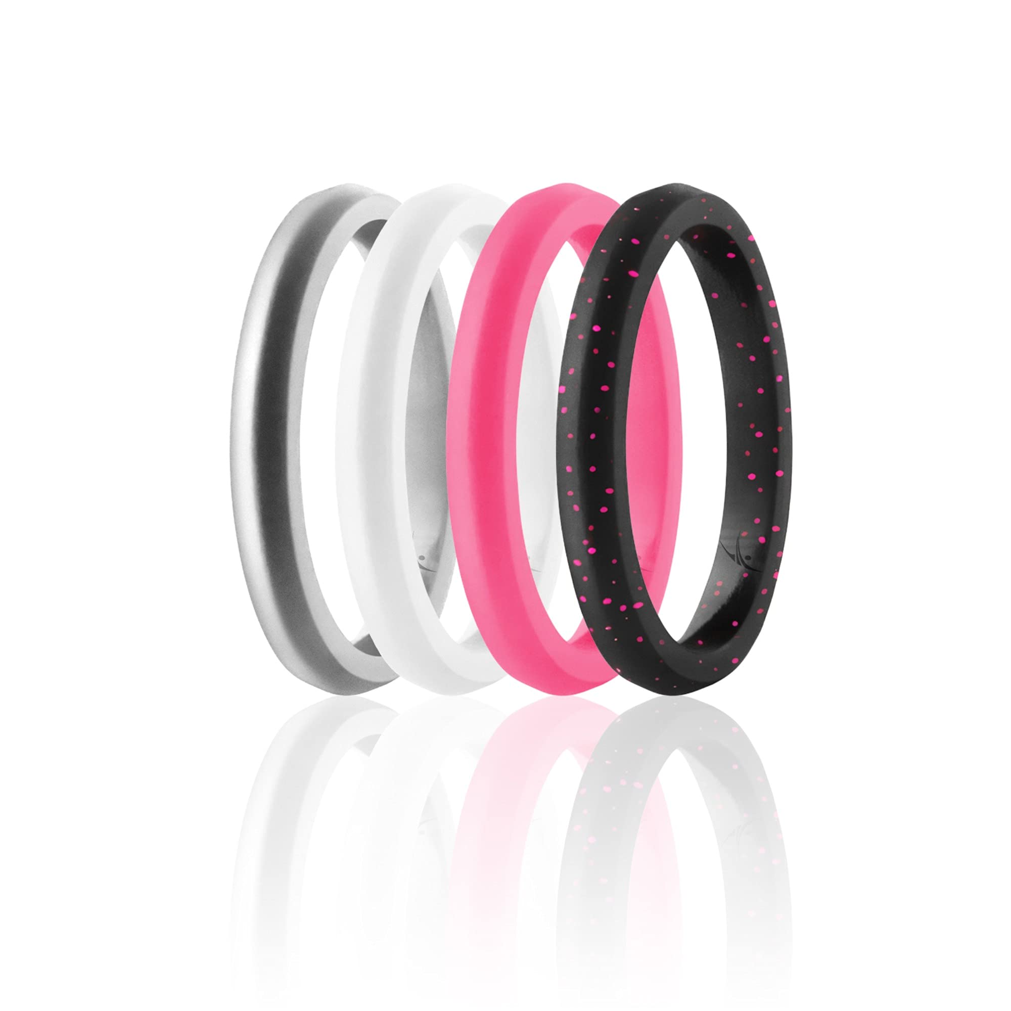 ROQ Silicone Wedding Ring for Women, Set of 4 Thin Stackable Silicone Rubber Wedding Bands Point- Pink, White, Black with Pink Glitter, Silver - Size 11