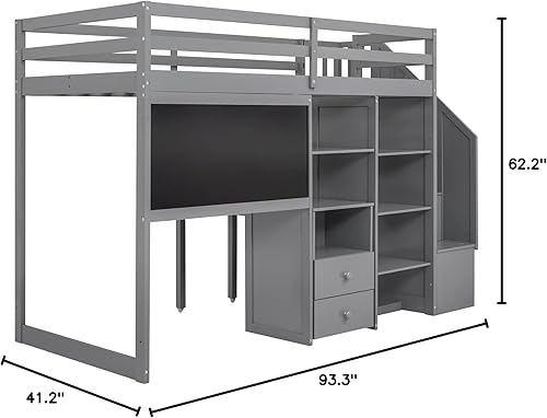 Miniatura 119 de Quarte Cama alta multifuncional, cama alta tamaño matrimonial con escritorio integrado y estantes de almacenamiento, dos cajones y escalera de
