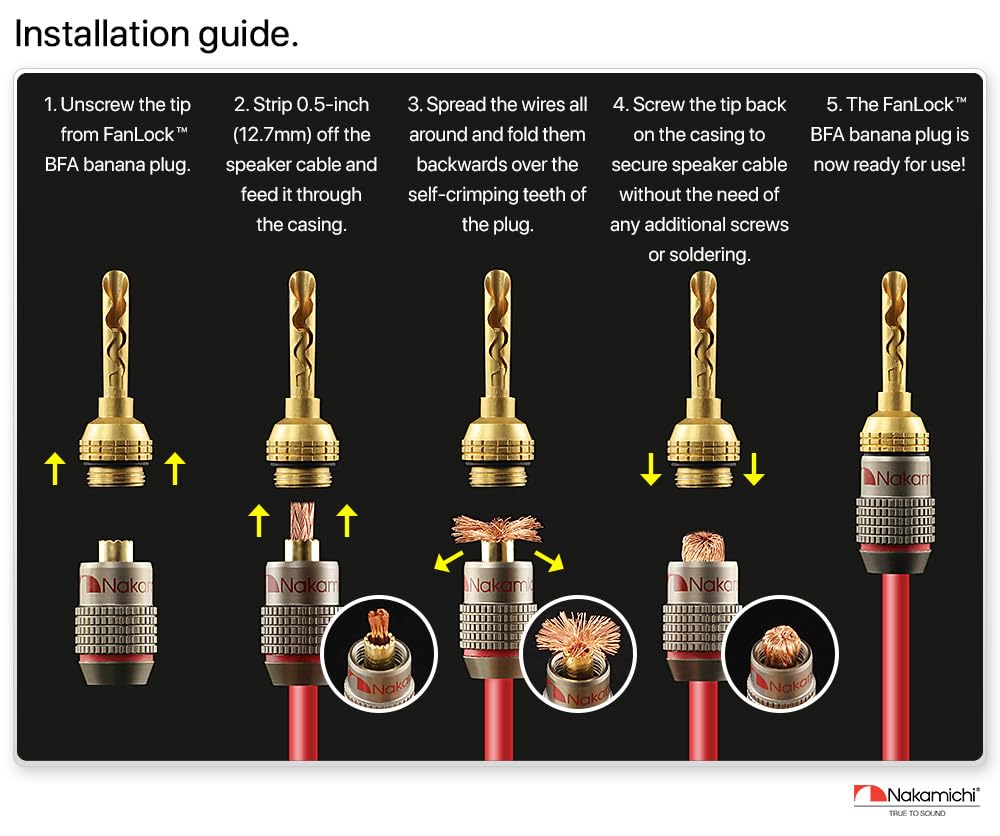 Nakamichi FanLock 24K Enchufe de BFA banana chapado en oro 10 AWG - 18 AWG calibre 4 mm para Altavoces Amplificador Receptor AV Estéreo Teatro en Casa Cable de Audio Conector, 20 piezas (10 pares)